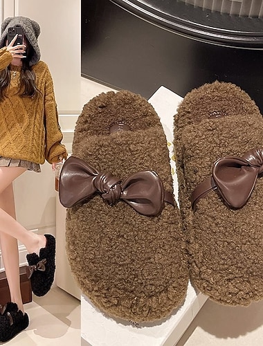  Varme bomullstøfler med tykk såle og sløyfe, plysjtøfler med lukket tå for kvinner, innendørs og utendørs, pelskledde slip-on-sko med ekstra fleece