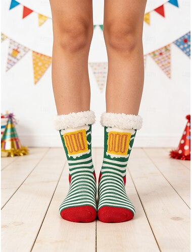  Kvinnes Mardi Gras Fleece-Lined Antiskli Gulvsokker Festlige Stripete Strikkede Karnevalsstil Koselige Vintervarme Tøflesokker Voksne og Tenåringer Perfekte Karnevalfester  Hjemmebruk i Ferier