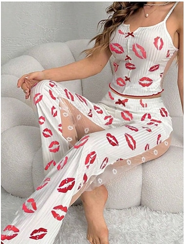  Femmes Ensemble Pyjama Amoureux Sexy Occasionnel Lèvre Pois Taille Élastique Débardeur Pantalon Quotidien Maison Sans manches Bretelles Noir Blanche Rouge Été Printemps Coupe Slim