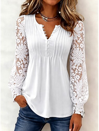  Damen Bluse Spitze Patchwork Knöpfe Einfarbig Elegant Stilvoll Lässig Langarm V Ausschnitt Normale Oberteile Täglich Blau Schwarz Weiß Rote Purpur Frühling Herbst