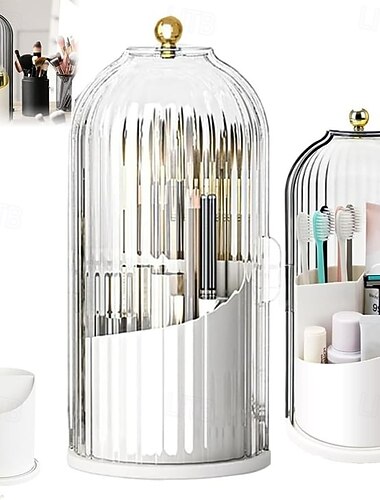  حامل فرشاة أسنان مقاوم للغبار مع غطاء، صندوق تخزين فرش مكياج لحوض الحمام، حامل أقلام على شكل قفص طيور ورف تخزين، منظم دوار لمستحضرات التجميل والفرش على طاولة الزينة