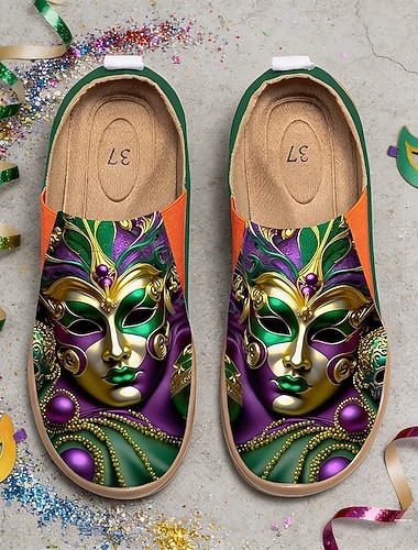  Boty s potiskem masky pro ženy Mardi Gras - lehké pohodlné festivalové obuv pro karnevalové průvody pouliční oslavy tematické party a letní aktivity