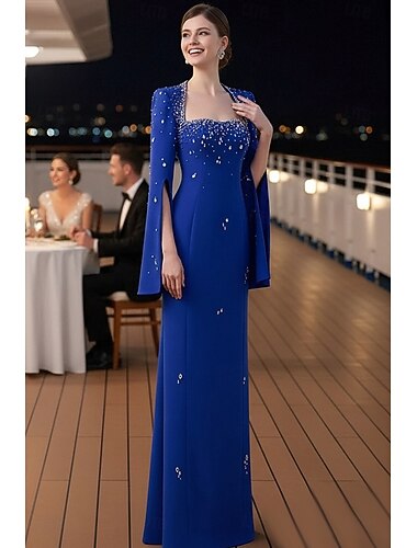  Skjermkolonne gulvlengde formelle kjoler kveldsballkjole kveldsballkjole elegant vintage lang erme firkantet hals kveldsfest formell med rhinestone krystaller perlering