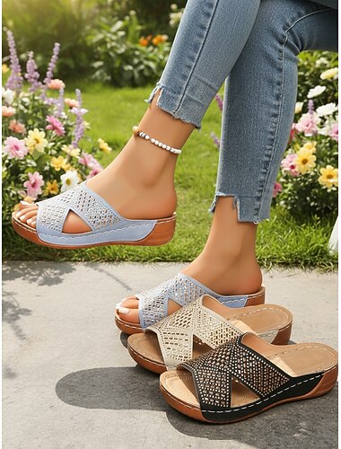  Dames sandalen met blauwe sleehak en strasssteentjes, comfortabele casual sandalen voor vakantie, strand, ontspanning bij het zwembad en alledaagse stijl.