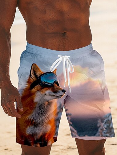  Miesten Eläin Kettu Uutuudet Uimahousut Uimashortsit Surffishortsit Keskivyötärö Hauska Havaijilainen Rantaloma Sivutaskut Verkkovuori Joustava kiristysnyöri vyötäröllä Suunnittelija Vaatetus