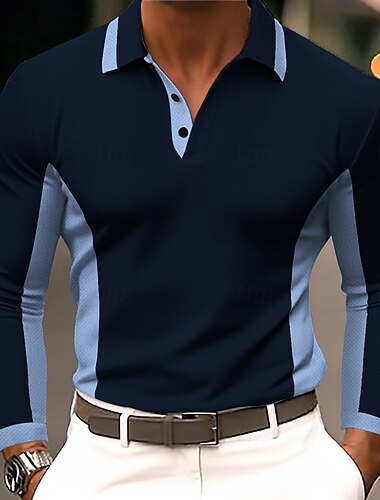  Bărbați Bloc Culoare Polo Manșon Lung Tricouri de polo Rever Casual Afaceri Purtare Zilnică Imprimare 3D Nasturi Primăvară Toamnă Albastru piscină Negru Bleumarin