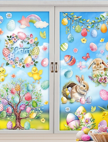  9 Bögen Osterfensteraufkleber, statisch haftende Dekorationen mit Ostereiern, Hasen und Vögeln für Schaufenster, weihnachtliche Glasaufkleber