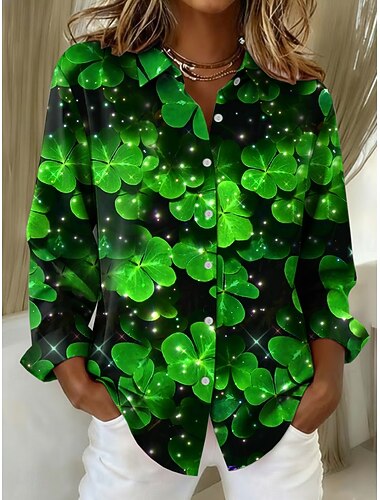  St. Patrick's dag Dame Bluse Knapper Trykt mønster Grafisk Shamrock Årgang Stilfuld Afslappet Langærmet Krave Almindelige toppe Daglig Arbejde Sort Hvid Lysegrøn Grøn Sommer Forår Vinter