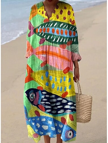  Per donna Abito maxi Abito a Tubino Casual Quotidiano Uscire Vestibilità comoda Floreale Grafico Manica Lunga Scollo a V Giallo Viola chiaro Estate Primavera