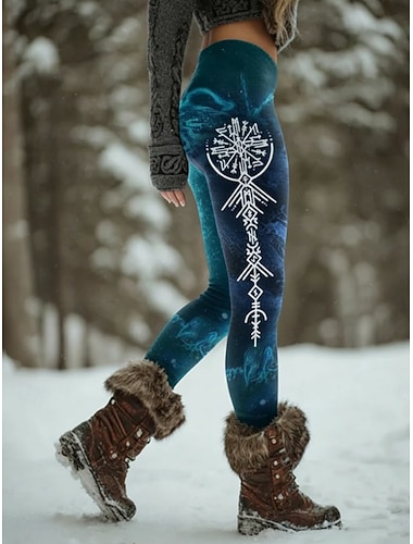  Dame Leggings Ferie Årgang Etnisk stil Full lengde Høy Midje Grafisk Abstrakt 3D-utskrift Hurtigtørkende Pusteevne Myk Elastisk utendørs Blå Vår Høst Vinter Slank Fasong
