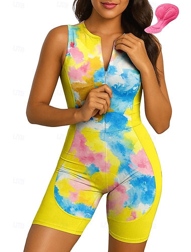  Mulheres Macacão para Triathlon Conjunto de Camisa Ciclismo Sem Manga Verão Amarelo camuflagem Moto Tapete 3D Secagem Rápida Resistente Raios Ultravioleta Zíper Frontal Tiras Refletoras Esportes Roupa