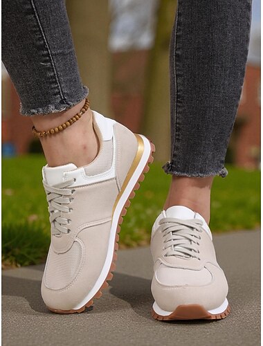  حذاء رياضي كلاسيكي كلاسيكي باللون البيج للنساء - حذاء مشي كاجوال منخفض الرقبة برباط مع نعل مانع للانزلاق للارتداء اليومي والمدرسة والسفر