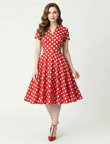  Рокабилли Полдень Платье-трапеция Короткие рукава В горошек Клёш от бедра Маскарадный костюм Жен. Карнавал День Святого Валентина Повседневные Встреча выпускников Ретро-вечеринка Взрослые Платье Весна