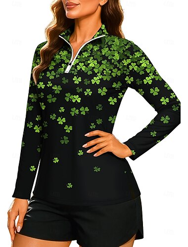  St. Patrick Dame Gradert Clover Genser Polo genser Topper قميص Langermet Glidelås Trykt mønster Quarter Zip UPF50+ UV-bestandig Elastisk Pustende Volleyball Tennis Golf Høyhalset Høy krage Skjorte