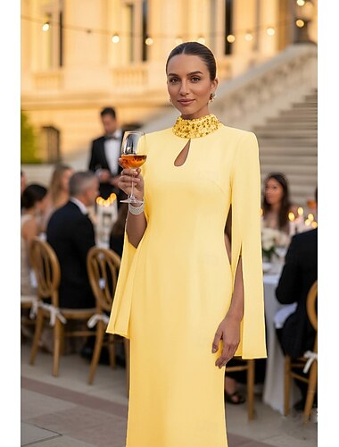  Schlauchkleid Bodenlang Ballkleid mit Cape Abendkleid Festliche Kleidung Elegant Promi-Stil Langarm Hoher Ausschnitt Gartenparty Hochzeit Satin mit Glitzer Schal