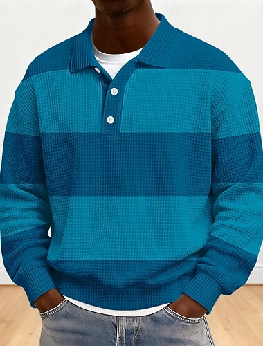  Herr Horisontella Strips Våffelpikétröjor Rugby Polo Rugby pikétröjor Långärmad Polotröjor Kavajslag Sportkläder Ledigt Skola Fritids- Dagliga kläder 3D-utskrift Vår Höst Vinter Blå Rubinrött Brun