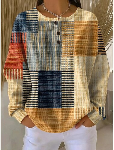  Damen Pullover Sweatshirt Knöpfe Grafik Geometrisch Mode Lässig Druck Langarm Rundhalsausschnitt Normale Oberteile Lässig Heim Arbeit Blau Weiß Gelb Frühling Winter