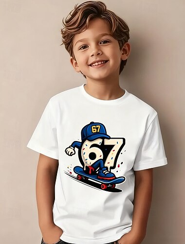  Baumwolle Kinder Jungen Schwarz Weiß Grafik Lustiger Slang 67 T-Shirt Bluse Rundhalsausschnitt Kurzarm Outdoor Alltagskleidung Mode Streetwear Designer Drucken Sommer