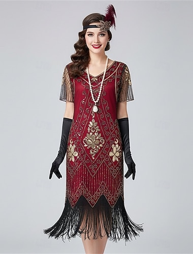  Sett De livlige 20-årene 1920-tallet Flapper kjole Cocktailkjole med tilbehør Den store Gatsby Flapper Girl Paljetter Dusk Duskfrynser Paljetter Kostyme Dame Fancy dress Nytt År Retro-temafest