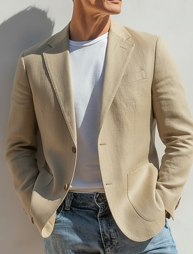  Homme Blazer en lin Col cranté Mode Classique Occasionnel Couleur Unie Blazer en lin Noir Blanche Rose Claire Coupe sur mesure à boutonnage simple à 2 boutons