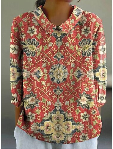  Dame Skjorte Knapper Trykt mønster Grafisk Geometrisk Boheme Årgang Tropisk Langærmet Krave Almindelige toppe Daglig Hvid og Blå Orange Grøn Kakifarvet Sommer Forår Efterår