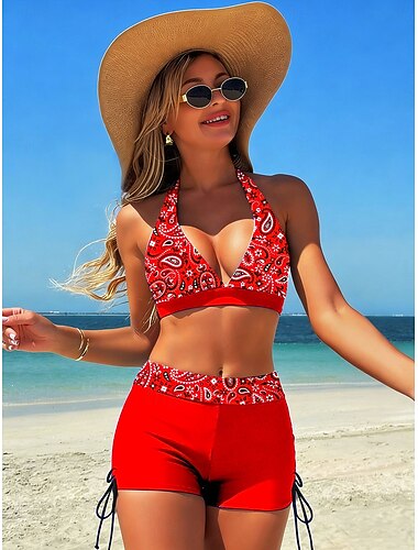  Damen Bikiniset 2 Teile Schwimmanzug Hohe Taille Rückenfrei Urlaub Strandmode Grafisch Paisley V-Ausschnitt ärmellos Badeanzüge