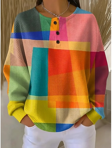  Damen Pullover Sweatshirt Knöpfe Grafik Geometrisch Mode Lässig Druck Langarm Rundhalsausschnitt Normale Oberteile Lässig Heim Arbeit Blau Rote Orange Dunkelblau Frühling Herbst