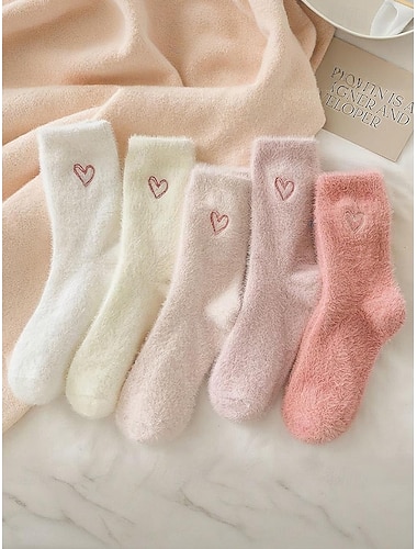  Damesokker i bomull, sett med 5, myke og koselige med hjertedesign, perfekte for hverdagsbruk og gave