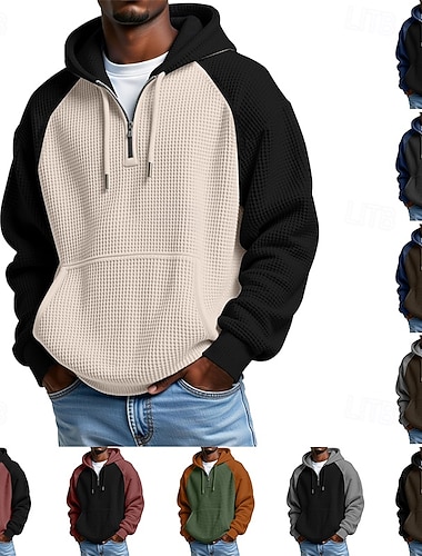  Herren Kapuzensweatshirt Waffle Kapuzensweatshirt Pullover Viertelreißverschluss Kapuzensweatshirt Blau Weinrot Schwarz Armeegrün Rote Mit Kapuze Einfach Patchwork Farbblock Kängurutasche Lässig