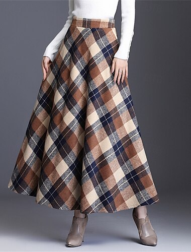  Damen Elegant Retro Vintage Maxi Hohe Taille Röcke Karomuster Farbblock Tasche Lang Mikroelastisch Täglich Alltagstauglich Blau Rote Grün Khaki Herbst 100% Polyester