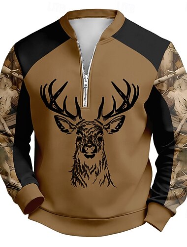  Herren Hirsch Pullover Tropisch 3D Jagd Hoher Ausschnitt Outdoor Streetwear Braun Reißverschluss Herbst Winter Designer S M L XL XXL 3XL