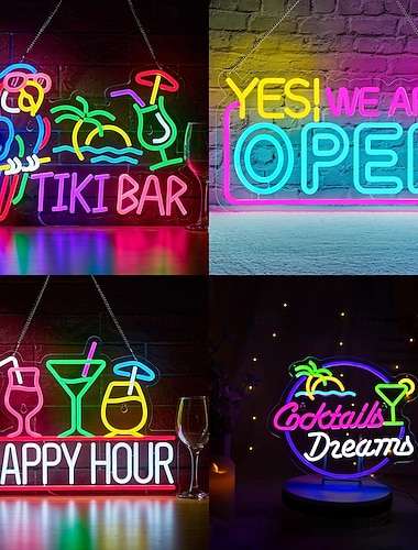 Enseigne lumineuse LED néon en forme de perroquet, cocotier et cocktail, dimmable, alimentée par USB, idéale pour la décoration murale, ambiance hawaïenne, piscine, bar tiki, chambre, salon, salle à