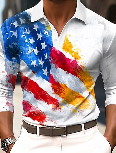  4 يوليو 2026، الذكرى 250 رجالي علم الولايات المتحدة الأمريكية بولو ستايل كم طويل قمصان البولو Lapel كاجوال شارع مناسب للبس اليومي ملابس المهرجان طباعة ثلاثية الأبعاد Buttons الربيع الخريف الشتاء