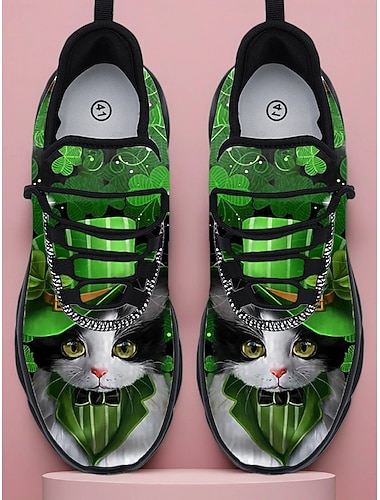  Herren-Sneaker im St. Patrick's Day-Design – grünes Kleeblatt- und Katzenmotiv, bequem, perfekt für St. Patrick's Day-Partys und andere festliche Anlässe.