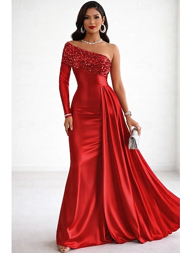  נשף ערב בתולת ים / חצוצרה שובל סוויפ בראש שמלות ערב אלגנטית שרוול ארוך כתפיה אחת חתונה רשמי סאטן נצנצים עם קפלים נצנצים