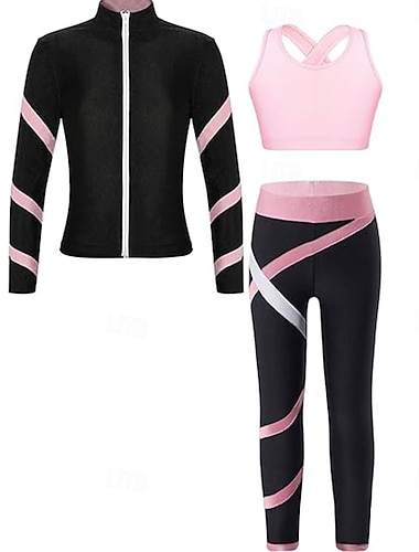  Kunstschaatsjas met broek, dames- en meisjesschaatsoutfit, roze, rekbaar, trainings- en wedstrijdschaatskleding, thermisch, warm, met kristallen/strass steentjes, lange mouwen, kunstschaatsen.