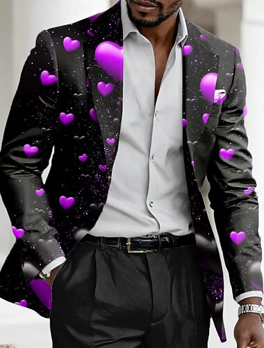  Valentinsdag Herre Hjerte Blazer jakke Frakke Mode Bekvem Åndbart Kunstnerisk Afslappet Daglig Festaftentøj Festival 3D-udskrivning Knapper Trykt mønster Alle årstider Hakrevers Langærmet Rød Lilla