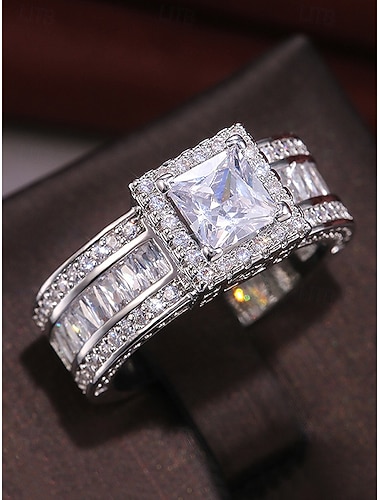  Dámský zásnubní prsten s kubickou zirkonií, měděný kroužek se zirkonem ve tvaru princeznovského brusu, luxusní vintage svatební styl, pro nevěsty, svatební obřady a elegantní večerní hostiny