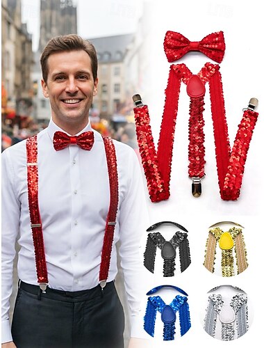  Herren Elastische Polyester Pailletten Hosenträger und Fliegen-Set – Perfekt für Karneval und Maskerade Partys Erhältlich in mehreren Farben