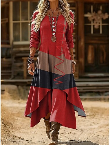  Dam Midiklänning Skiftklänning Ledigt Dagligen Helgdag Normal Grafisk Geometrisk Långärmad Rund hals Blå Gul Rubinrött Purpur Vår Vinter