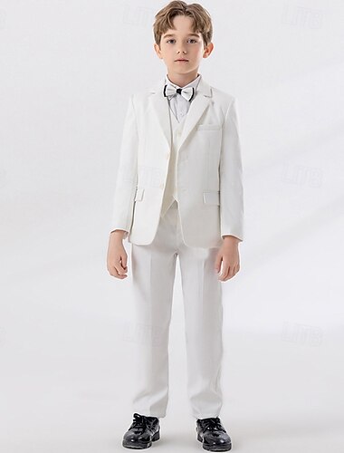  חליפת נושא טבעת 4 חלקים חליפה לילדים בנים בלייזר &אפוד &מכנסיים &עניבה חליפה רשמית לבנים קז'ואל חוץ מסיבה אופנתית מגניב בסיסי צבע אחיד כפתורים בכיס כחול לבן יין פוליאסטר