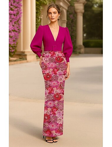  Corte Trompeta Sirena Hasta el Suelo Bordado con cuentas Vestido formal Vestido de madre de la novia Vestidos de noche Elegante Reluciente Estilo de Celebridad Manga Larga Escote en Pico Boda Formal