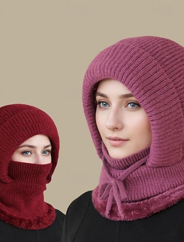  Gorro feminino 3 em 1 de inverno em tricô com forro de lã, proteção para orelhas e rosto, ideal para ciclismo em clima frio, à prova de vento e aconchegante para mães.