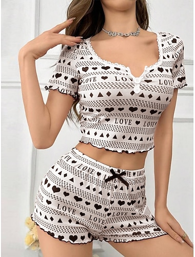  Damen Schlafanzug Set Lässig Komfort Herz Elastischer Bund Shorts Täglich Heim Kurzarm V Ausschnitt Schwarz Rote Sommer Frühling Schmale Passform