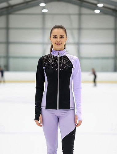  Fleecejakke for kunstløp dame jenter skøytejakke svart elastisk treningskonkurranse skøyteklær varmende krystaller/strass langermet skøyting kunstløp