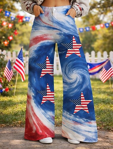  250-летие США Ретро В стиле 1970-х Брюки Широкие брюки Хиппи Диско Завышенная Маскарадный костюм Жен. Маскарад 4 июля Для вечеринок День независимости Взрослые Брюки