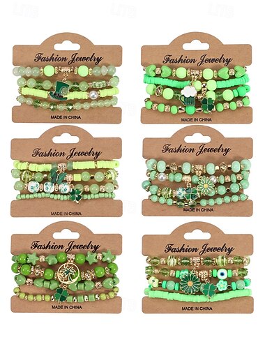  طقم أساور نسائية لعيد القديس باتريك، أساور متعددة الخيوط من الخرز الأخضر قابلة للتكديس، بتصميمات مستوحاة من نبات النفل لجلب الحظ، مصنوعة من سبائك معدنية وكريستال صناعي، مجوهرات احتفالية أيرلندية للنساء