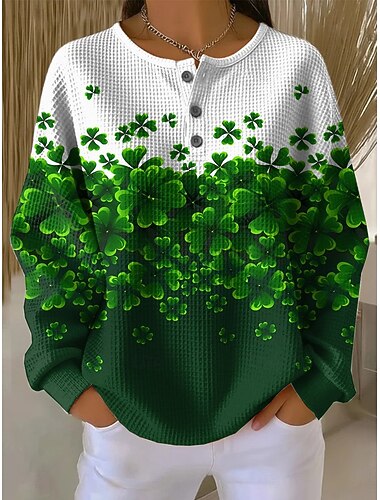  St. Patricks dag Kvinners Pullover Genser Graphic Shamrock Varm Klassisk Uformell Lang Erme Crew Neck Vanlige Topper Uformell Gate Knapper Trykk Grønn