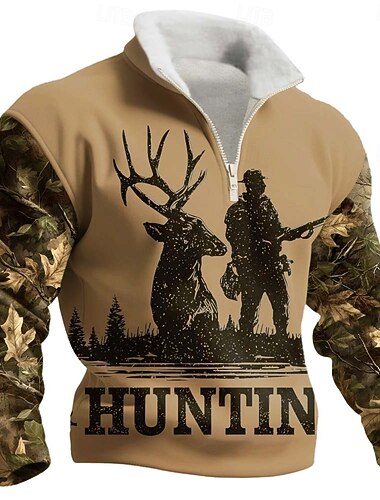  Herren Tiermotiv Hirsch Fleece Pullover Mode Lässig 3D Stehkragen Viertelreißverschluss Outdoor Streetwear Urlaub Geschenk Braun Khaki Dunkelgray Grau Halber Reißverschluss Herbst Winter Designer S M