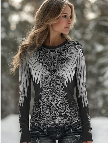  dámské boho tričko Viking Vings grafický vintage bohémský vintage móda dlouhý rukáv kulatý výstřih běžné topy denní víkendový potisk šedá jaro podzim zima
